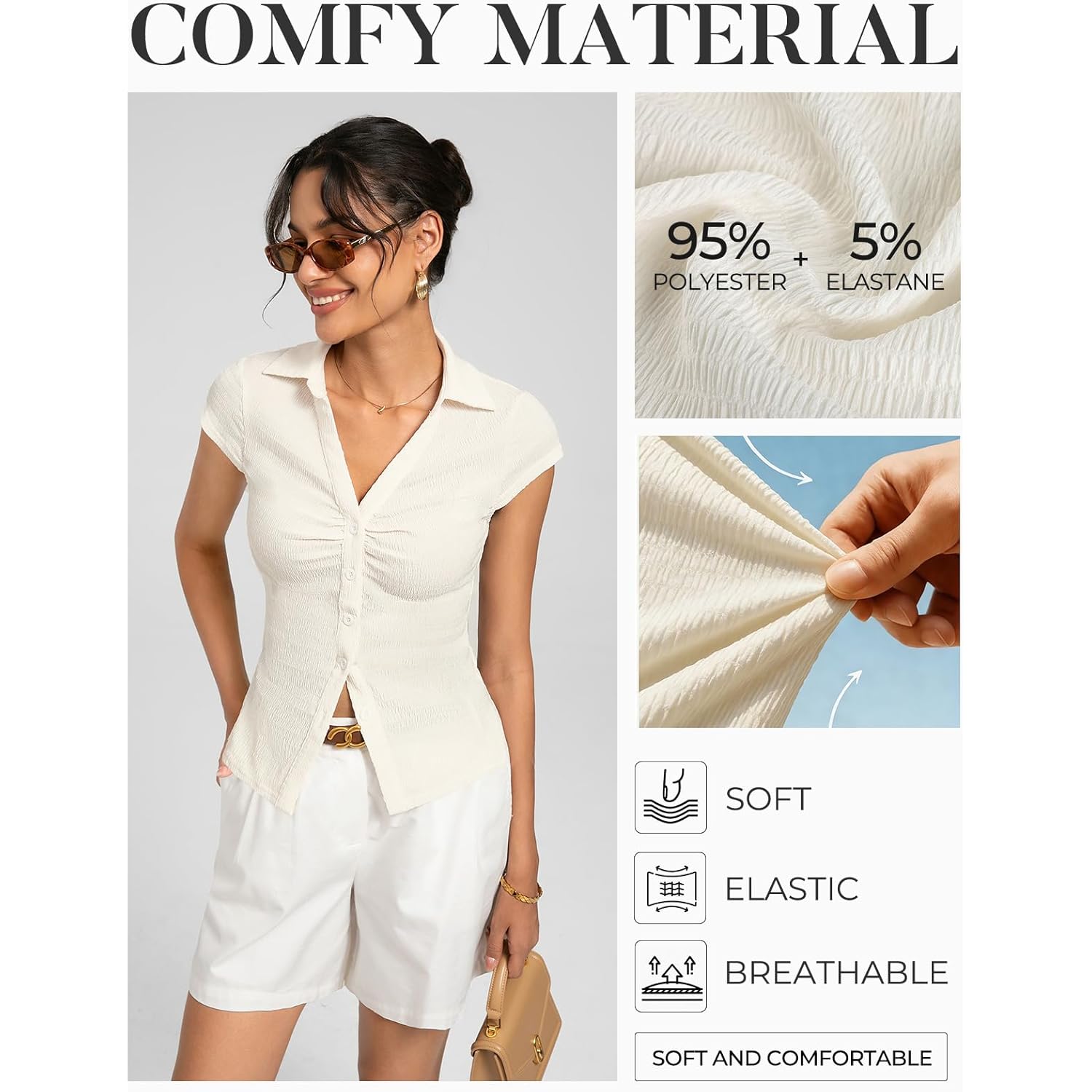 Women Button Down Blouse, V-Neck Ruched Tops with Y2K Collar, Slim Fit Cap Sleeve Business Casual Going Out Shirt