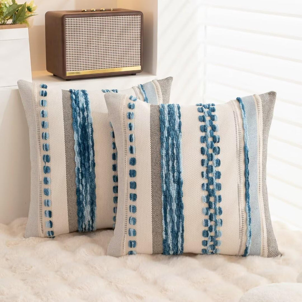 Boho Throw Pillow Covers 18X18 Set Of 2 Farmhouse Decorative Cushion Case Striped Square Pillows Cover Chenille Pillow Cases Accent Neutral Pillowcase For Sofa Couch Bed,Sky Blue