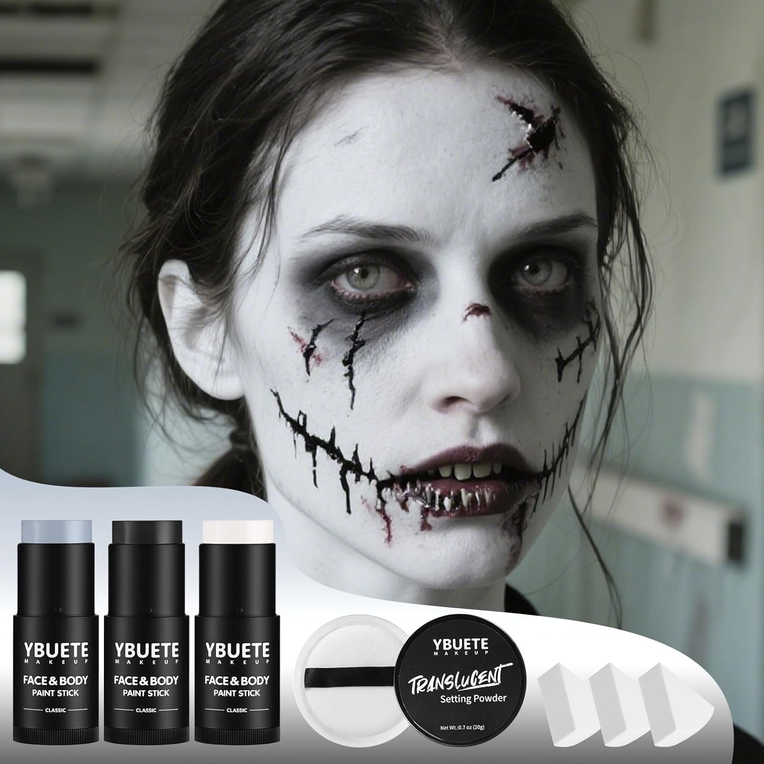 YBUETE Black White Grey Face Body Paint Stick Set with Translucent Setting Powder and 3 Sponges, Professional Full Coverage Face Painting for Adults Halloween Cosplay SFX Skeleton Monster Makeup