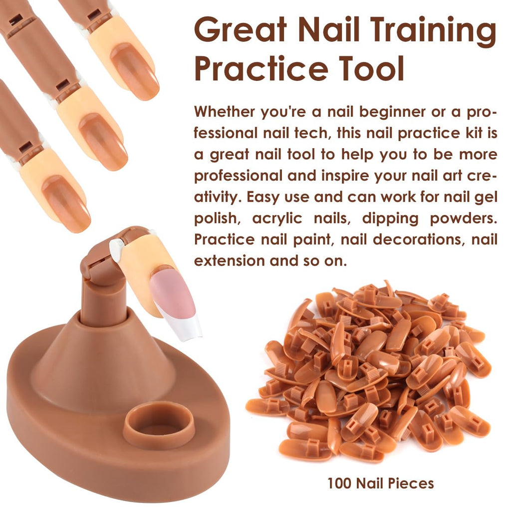 Acrylic Nail Practice Finger Kit, BORNBYME Acrylic Nail Training with 1 Base Stand, 3 Adjustable Fake Fingers, 100 Brown Nail Tips, Movable Training Nail Practice for Nail Beginner…