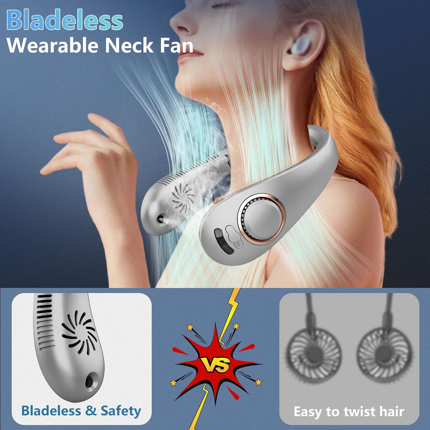 Neck Fan With Mist,Foldaway Neck Fan With Mist,Personal Fan For Neck Wearable Hanging Around,Cordless Neck Coolers For Female Male Kids Dad Mom Extremely Hot Weather Light Blue