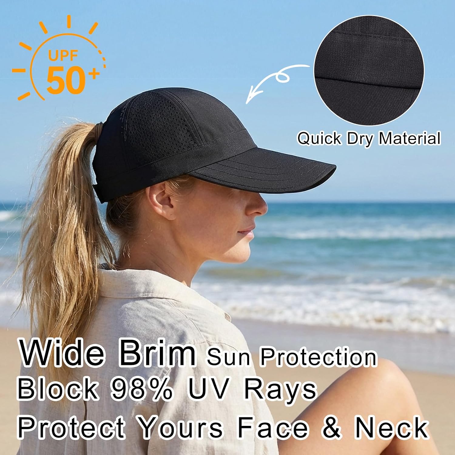 Large Wide Brim Baseball Sun Hats For Women Mesh Quick Dry Sports Hat Outdoor Travel Beach Ponytail Cap