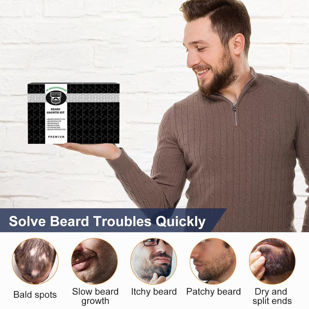 MALE GOD Beard Kit, Beard Growth Kit w/Natural Ingredients Beard Oil & Balm & Comb, Beard Growth Oil w/4X Thickening Biotin, Chrismtas | Anniversary | Birthday Gifts for Men Him Husband Boyfriend, Dad