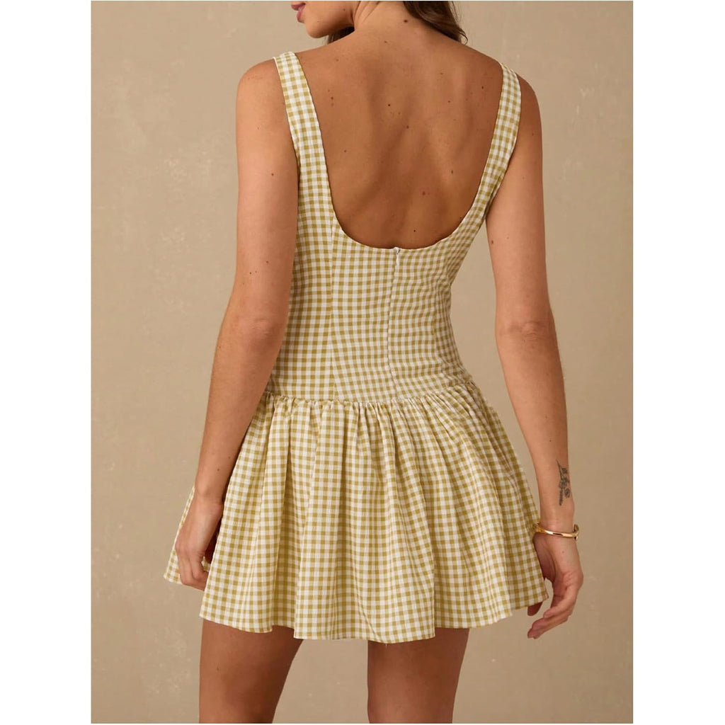 Oyoangle Women'S Gingham Sleeveless Ruffle Short Mini Dress Open Back Button Front Y2K Plaid Dresses
