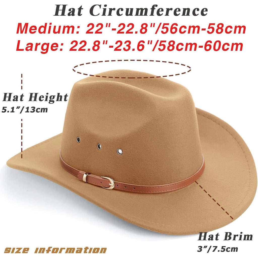 Dreshow Cowboy Hat For Women And Men Western Felt Cowboy Cowgirl Hat Wide Brim Belt Buckle Retro Fedora Hats Unisex Caps