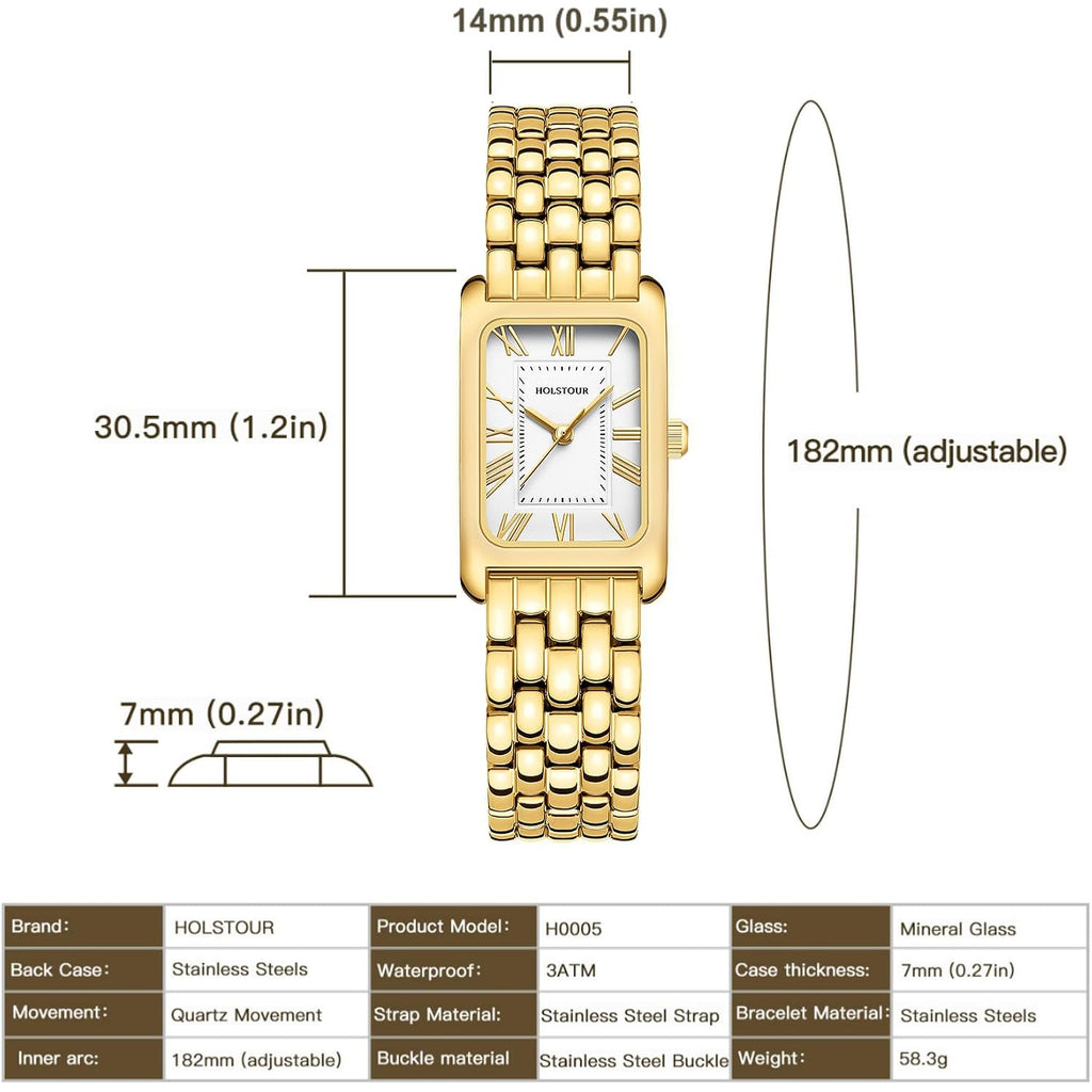 Holstour Watches For Women Vintage Bracelet Roman Dial Rectangular Case Gold Watch Waterproof With Tools