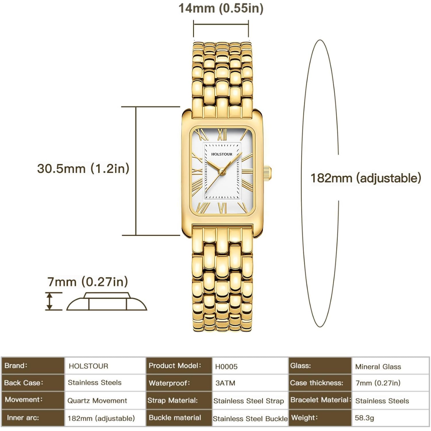 HOLSTOUR Watches for Women Vintage Bracelet Roman Dial Rectangular Case Gold Watch Waterproof with Tools
