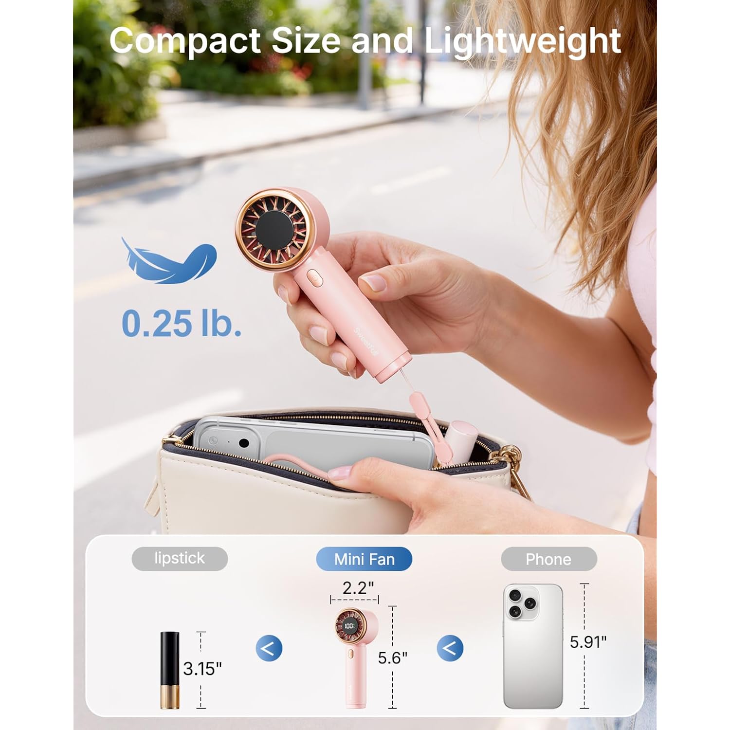 Sweetfull Mini Fan Portable - Cute Handheld Turbo Fan With Rechargeable Battery, 5 Speeds, Small Hand Personal Travel Essentials For Women, Girls, Kids, Lash, Makeup - Pink
