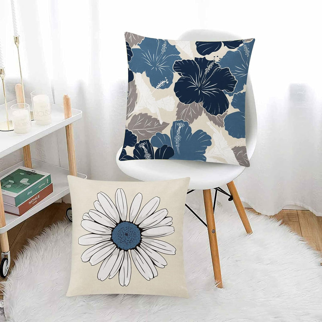 Comminy Blue White Pillow Covers 18X18 Set Of 6, Daisy Flower Throw Pillow Cover Case Square Cushion Cover For Sofa Bedroom Living Room Farmhouse Home Decor