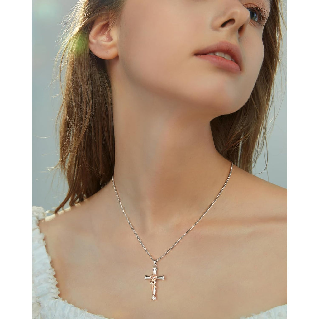 ACECHA Cross Necklace for Women | Silver Faith Birthstone Cross Pendant with Birth Flower Jewelry Gifts for Teen Wife Women for Birthday Anniversary