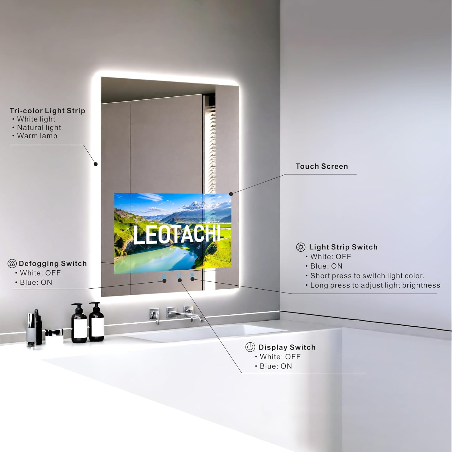 32"X24" Smart Waterproof Anti-Fog Vanity Mirror With Built-In 21.5" Touch Display, Android Os, Adjustable 3-Color Led, Bluetooth/Wifi/Hdmi, Streaming Apps For Bathroom & Bedroom