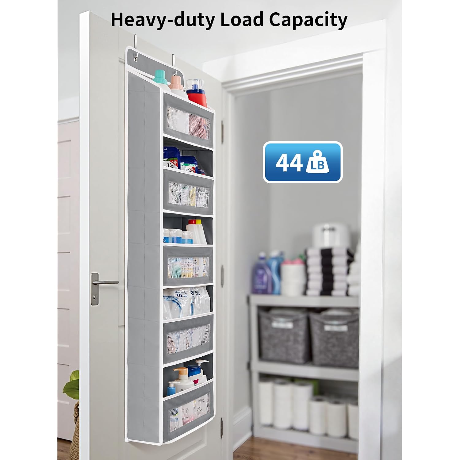 Jarlink Over The Door Organizer Storage, 5 Shelf Hanging Door Organizer With 5 Large Capacity Pockets, Anti Tilt 44 Lb Load Behind Door Storage For Bedroom, Bathroom, Pantry, Nursery, (Grey)