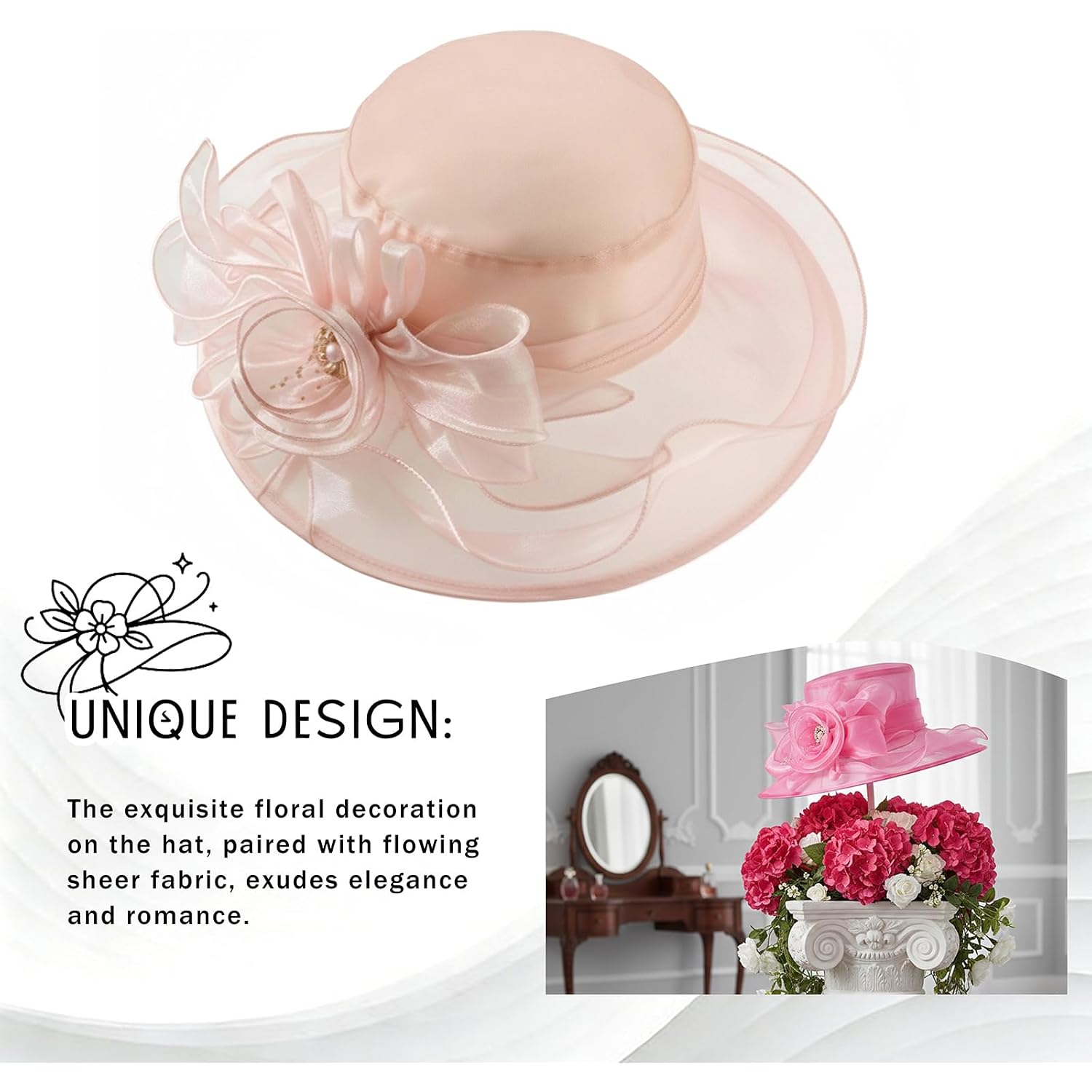 Dreshow Women Organza Hat Church Cap Hats Clearance Kentucky Derby Cocktail Tea Party Wedding Flower Hat With Wide Brim
