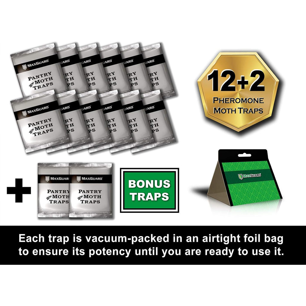 Maxguard Pantry Moth Traps (12 Pack +2 Free) With Extra Strength Pheromones | Non-Toxic Sticky Glue Trap For Food And Cupboard Moths In Your Kitchen | Trap And Kill Seed Grain Flour Meal Moths |