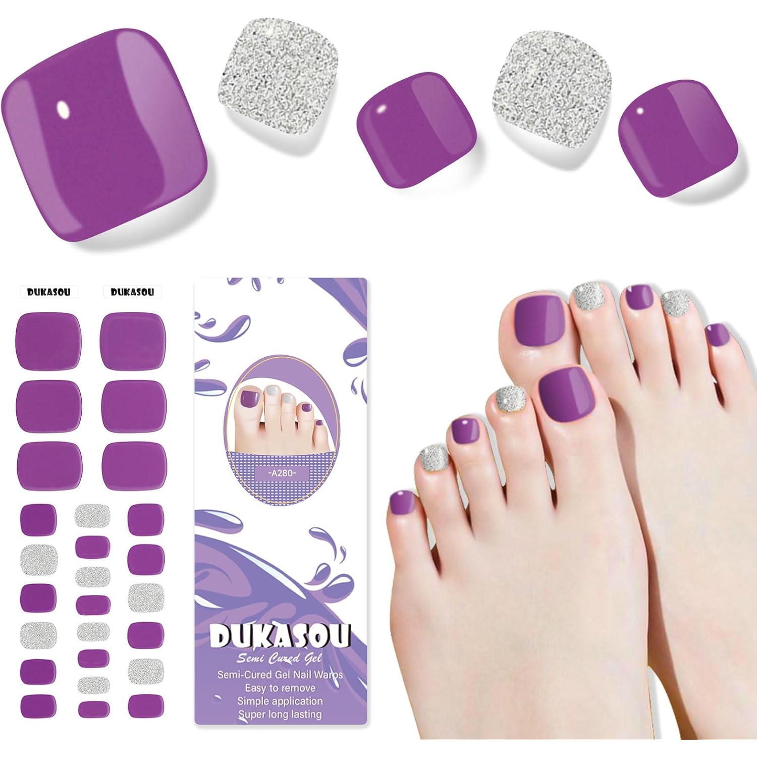 Semi Cured Gel Toe Nail Strips,26 Pcs Toes Nail Stickers Wraps(Purple),UV Light Required,Easy to Apply