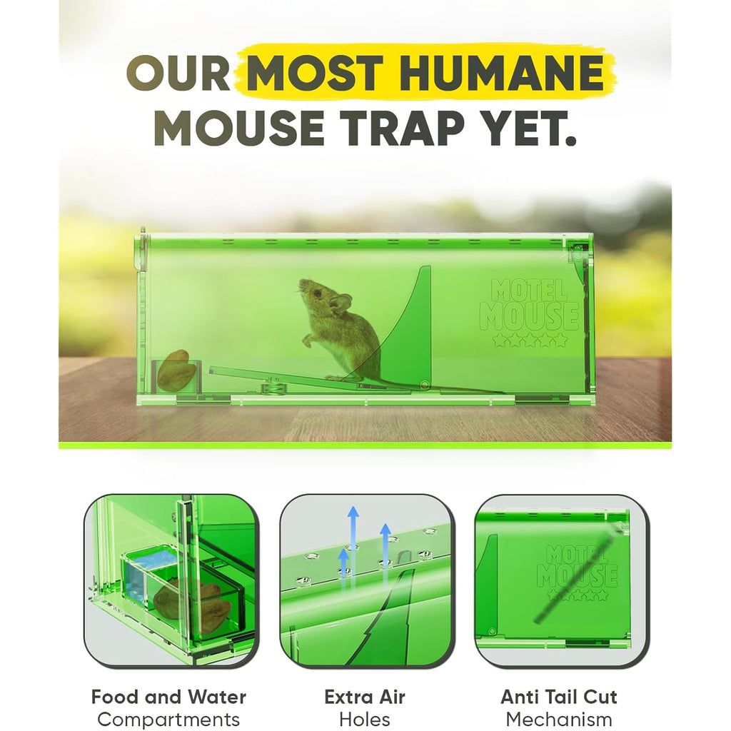 Motel Mouse Humane No Kill Mouse Traps Live Catch & Release - 4 Pack | Water & Food Compartment • Additional Air Holes • Tail Protection • Motel Mouse'S Most Humane Solution • Reusable