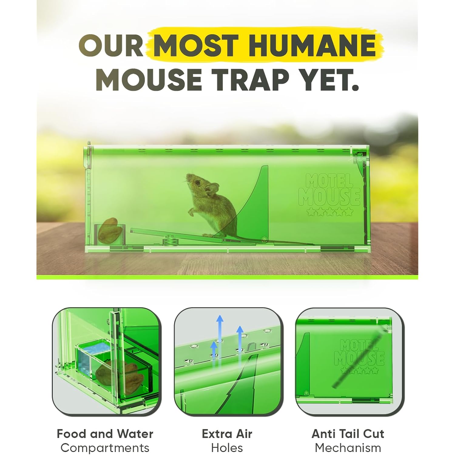 Motel Mouse Humane No Kill Mouse Traps Live Catch & Release - 4 Pack | Water & Food Compartment • Additional Air Holes • Tail Protection • Motel Mouse'S Most Humane Solution • Reusable