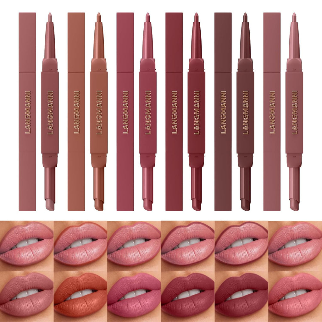 LANGMANNI 2-in-1 Lipstick & Lip Liner Set,6 Colors Gift Set|Angled Lipstick+Matching Lipliner Pencil|Velvet Matte Finish,Long-Lasting & Smudge-Resistant|All-in-One Lip Makeup Kit for Women(#A)