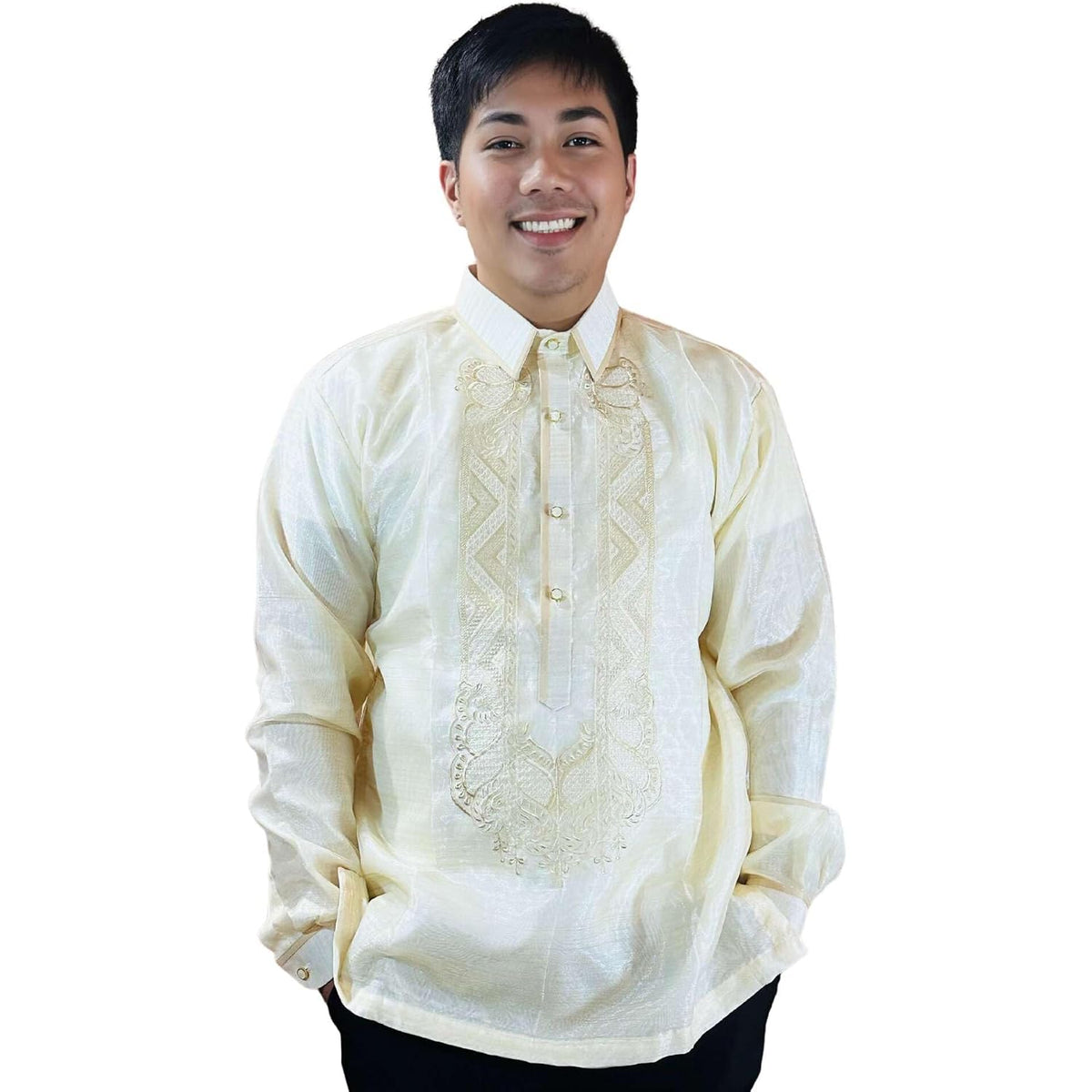 Barong Tagalog For Men, Long Sleeve Traditional Filipino Shirt, Organza With Pina Embroidery - Us Size