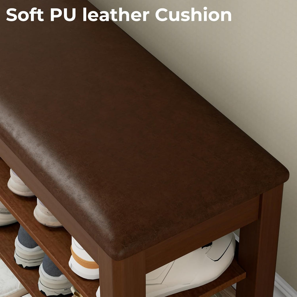 Homleke Shoe Rack Bench with Flip-Top Storage, Solid Wood Entryway Bench with Cushion, Adjustable Shelf, for Hallway, Mudroom, Closet – Walnut, 39.4"