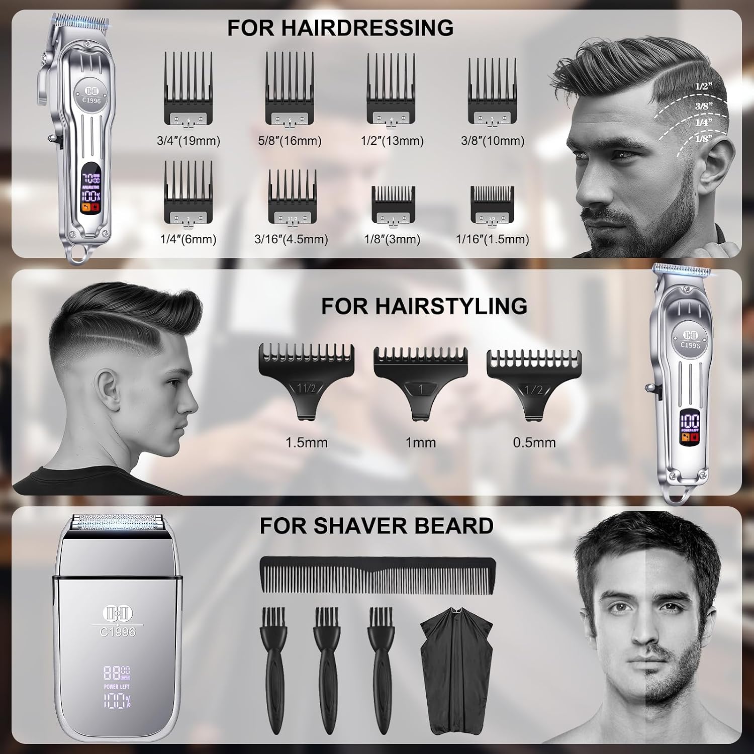 Ciicii Mens Hair Clippers And Trimmers Set, Professional Cordless Barber Clippers For Hair Cutting Kit (Electric Razor Shavers & Beard/Hair Trimmer Haircut Kit) Clippers For Men Diy Home Salon