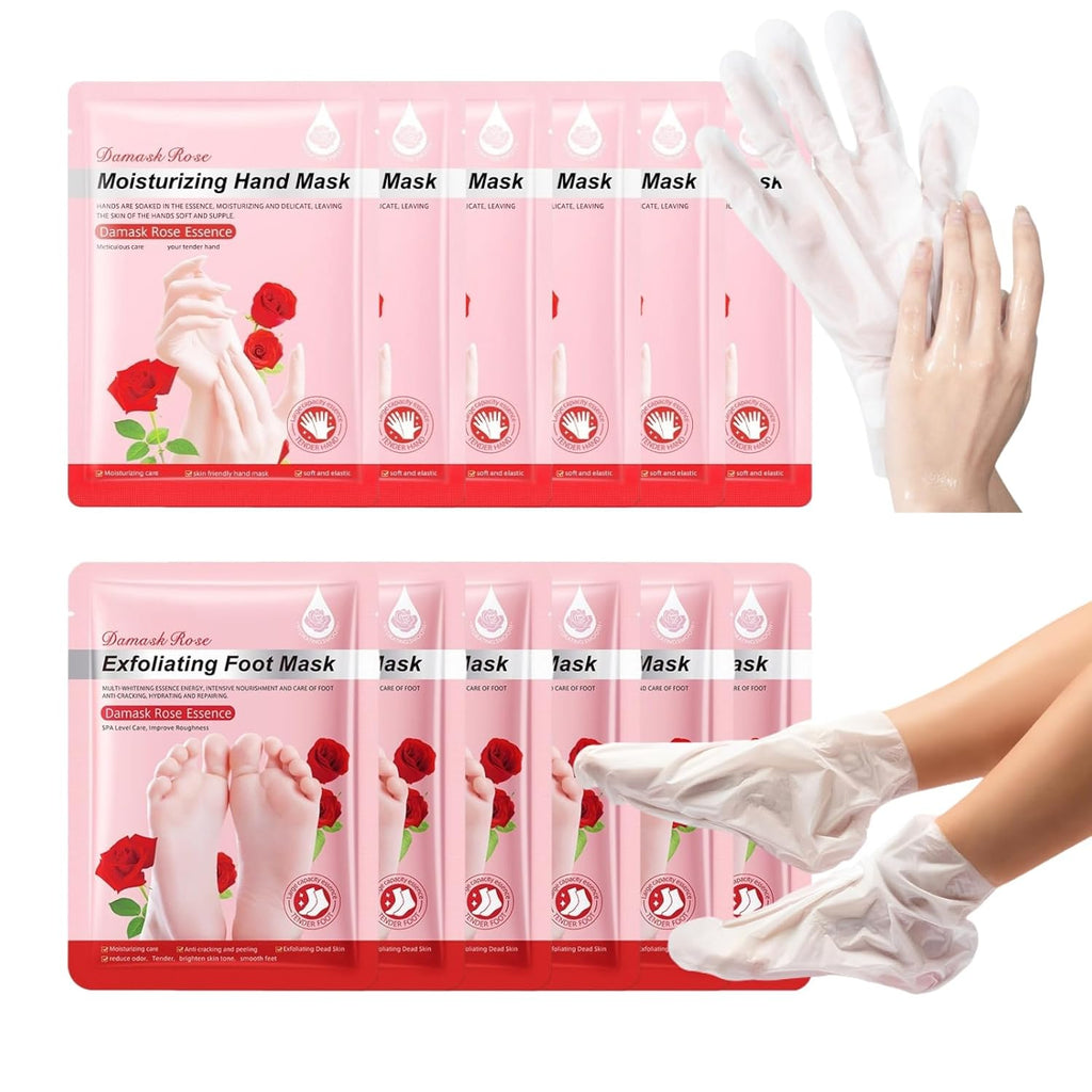 12 Pack Moisturizing Exfoliating hand & foot masks, Deep Hydrate Dry, Cracked Skin, sel care gift for women and men, 6 Pairs Gloves & 6 Socks (Rose Hand & Foot masks(12 Pack))