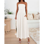 Btfbm Summer Maxi Dresses For Women 2026 Strapless Ruched Tube Top Beach Vacation Spring Wedding Guest Dress Pockets