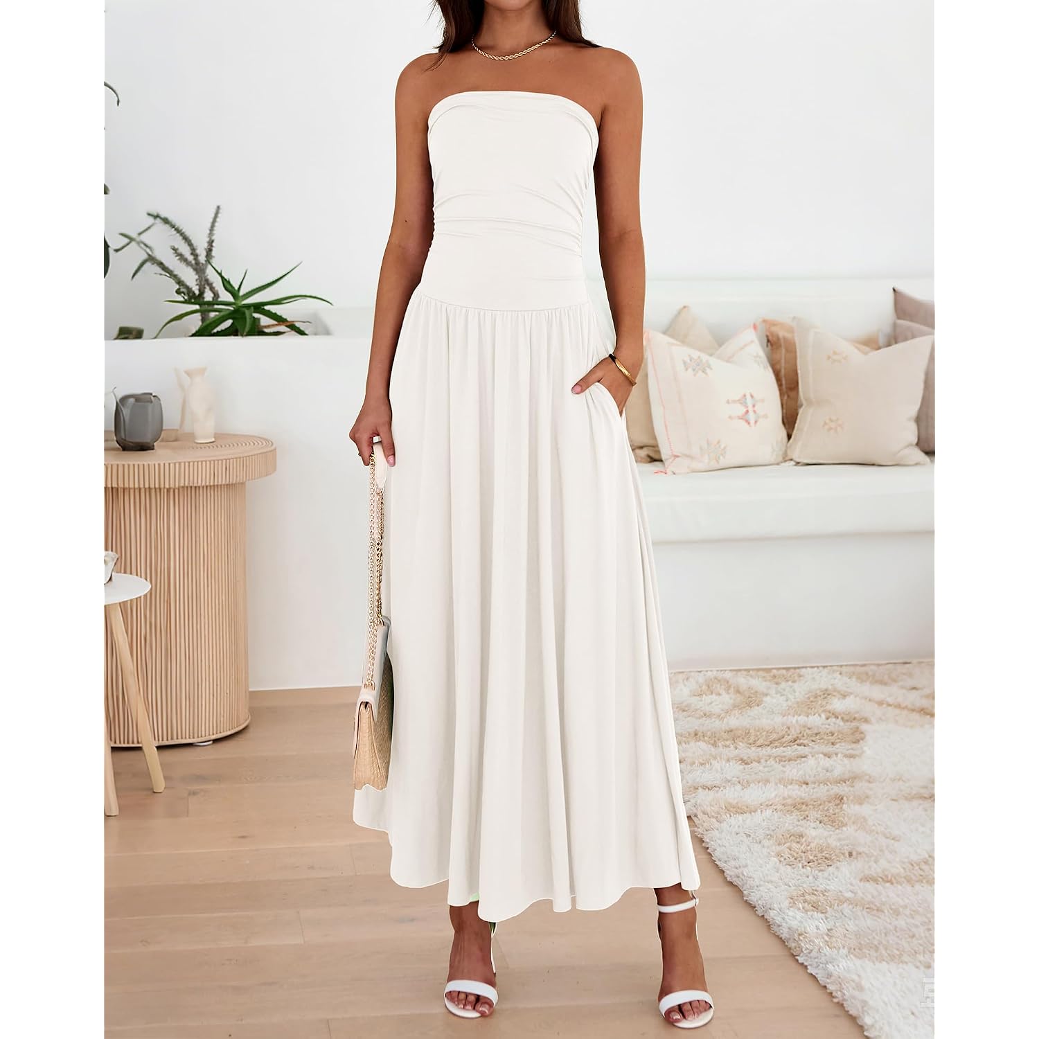 Btfbm Summer Maxi Dresses For Women 2026 Strapless Ruched Tube Top Beach Vacation Spring Wedding Guest Dress Pockets