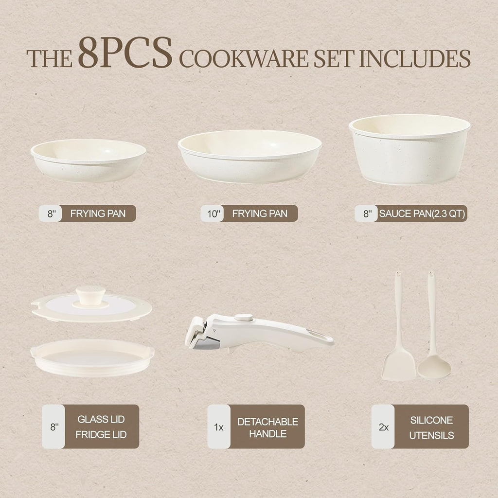 Ceramic Cookware Set Non Stick 8Pcs Pots and Pans Set Detachable Handle Induction Kitchen Cooking Set with Frying Pans Oven Dishwasher Safe, PFAS/PFOA Free, Cream White