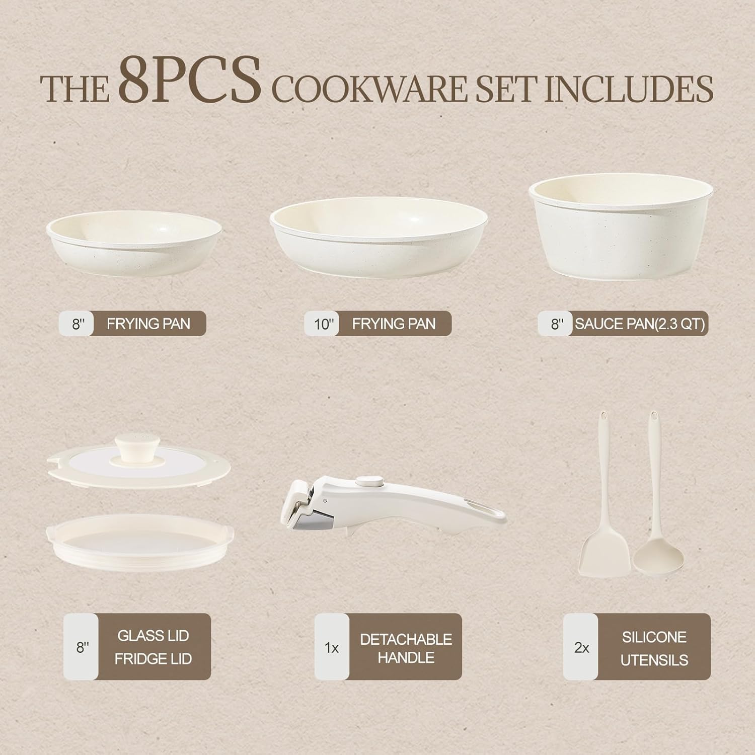Ceramic Cookware Set Non Stick 8Pcs Pots and Pans Set Detachable Handle Induction Kitchen Cooking Set with Frying Pans Oven Dishwasher Safe, PFAS/PFOA Free, Cream White
