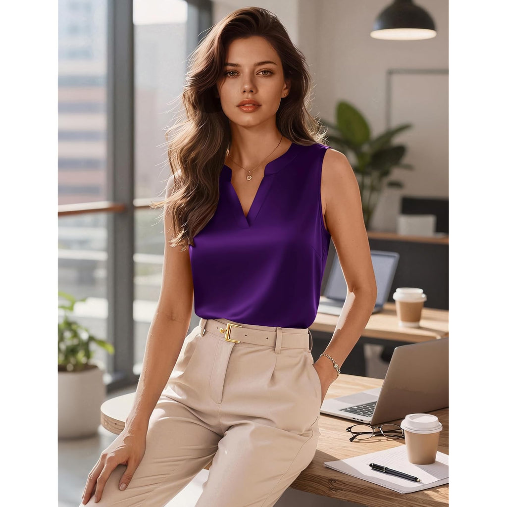Zeagoo Silk Satin Tank Tops For Women V Neck Business Work Blouses Summer Dressy Casual Sleeveless Shirts