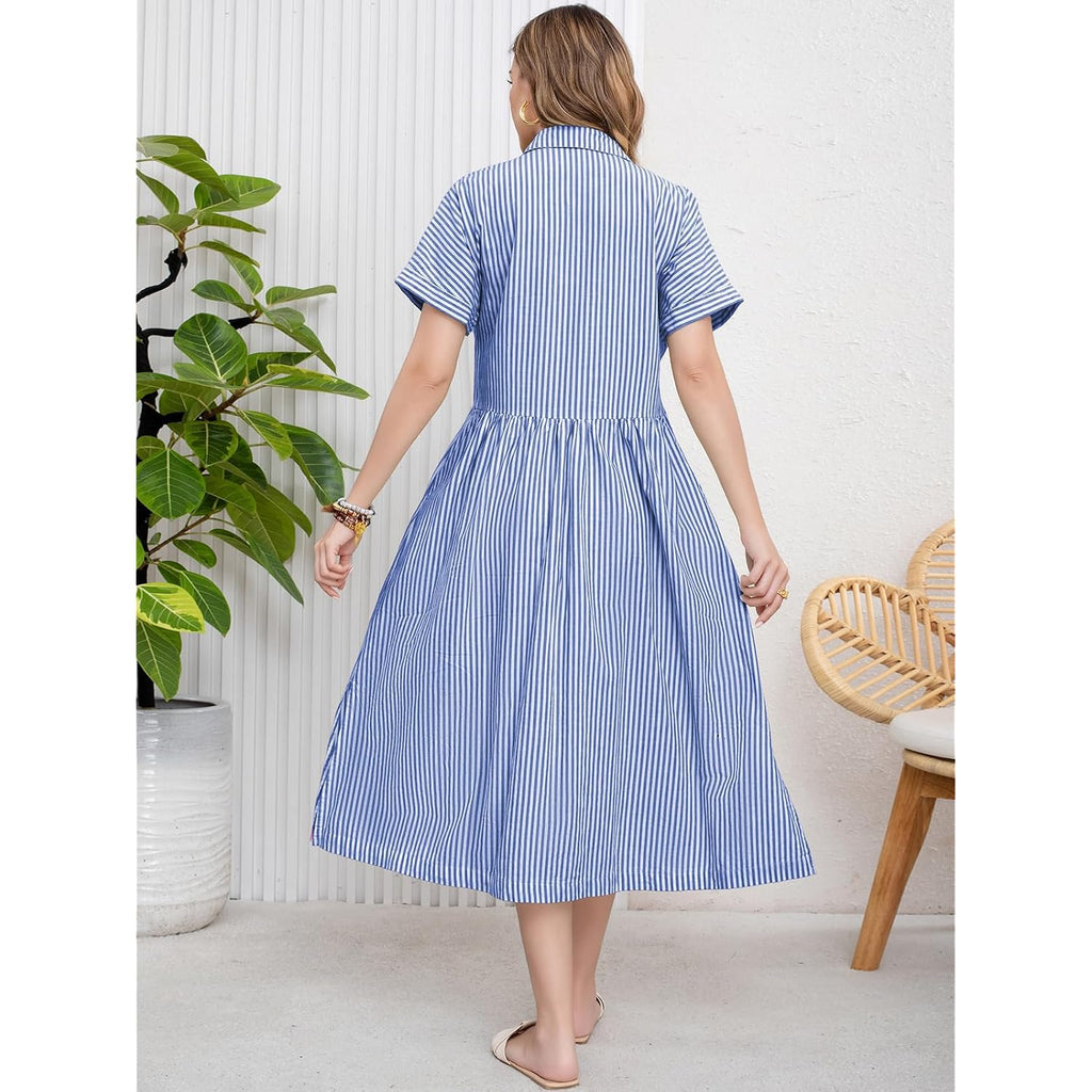 Ebossy Women'S Boho Striped Shirt Dress Button Up Side Slit Loose Mid Long Cotton Dress With Pockets