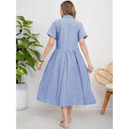 Ebossy Women'S Boho Striped Shirt Dress Button Up Side Slit Loose Mid Long Cotton Dress With Pockets