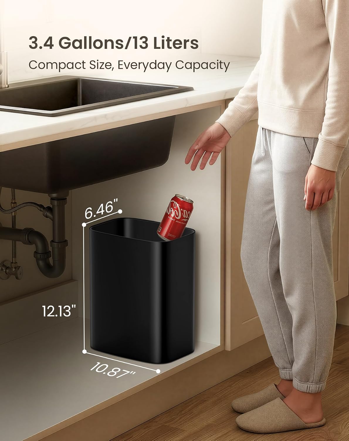 Cesun 3.4 Gallon Bathroom Trash Can, Small Office Garbage Can, Slim Metal Waste Basket For Bedroom, Dorm, Toilet, Near Desk, Under Sink, Rv (Black)