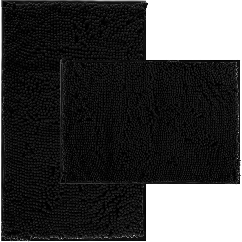 RUN HELIX Bathroom Rugs Set 2 Piece Thick Chenille Bath Mats, Soft Quick Dry Plush Absorbent Bath Rugs with Non-Slip PVC Backing, 32x20+24x16 Inch Black