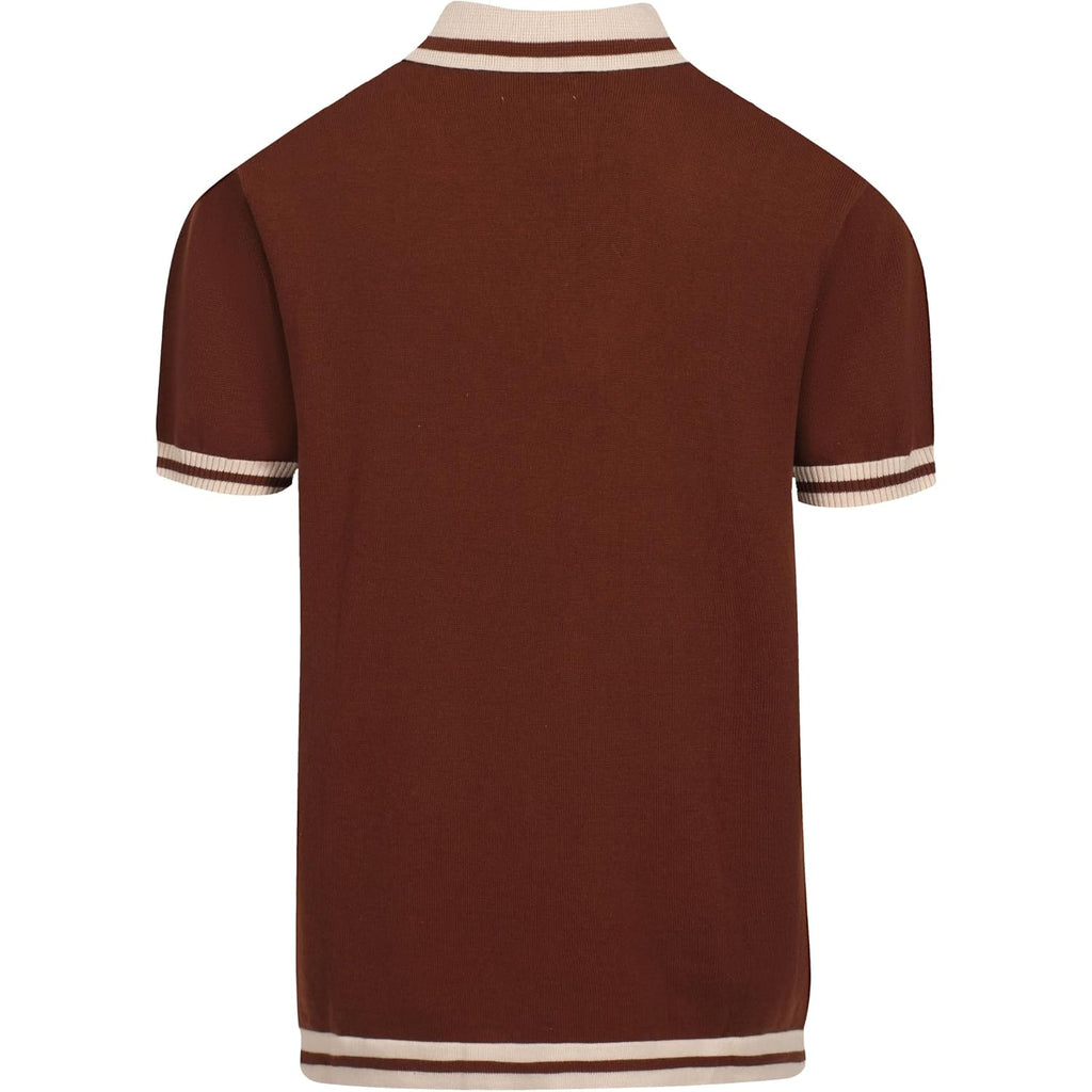 Oxknit Mens Retor Polo Striped Brown V-Neck Knitted Shirt 1960S Mod Style Vintage Collared T Shirt