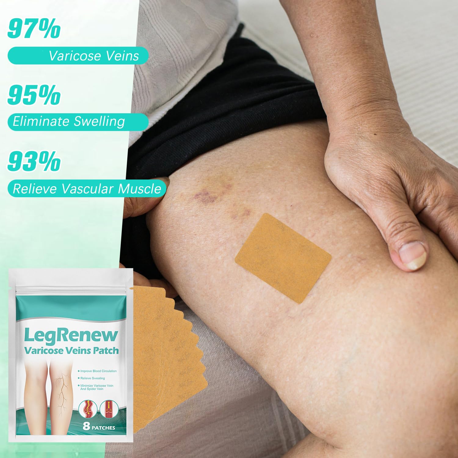 Leg Renew Varicose Veins Patch,Professional Relief for Varicose Veins in The Legs，Natural Ingredients Leg Treatment for All Skin Types (2 Pack)