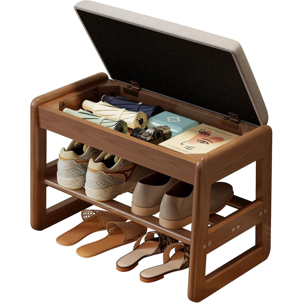 Aqimuele Shoe Rack Bench,2 Tiers Shoe Bench With Storage With Flip-Top,Wood Shoe Rack For Entryway,Hallway（Walnut Upholstered Seat,11.8" D X 23.62" W X 15.7" H）