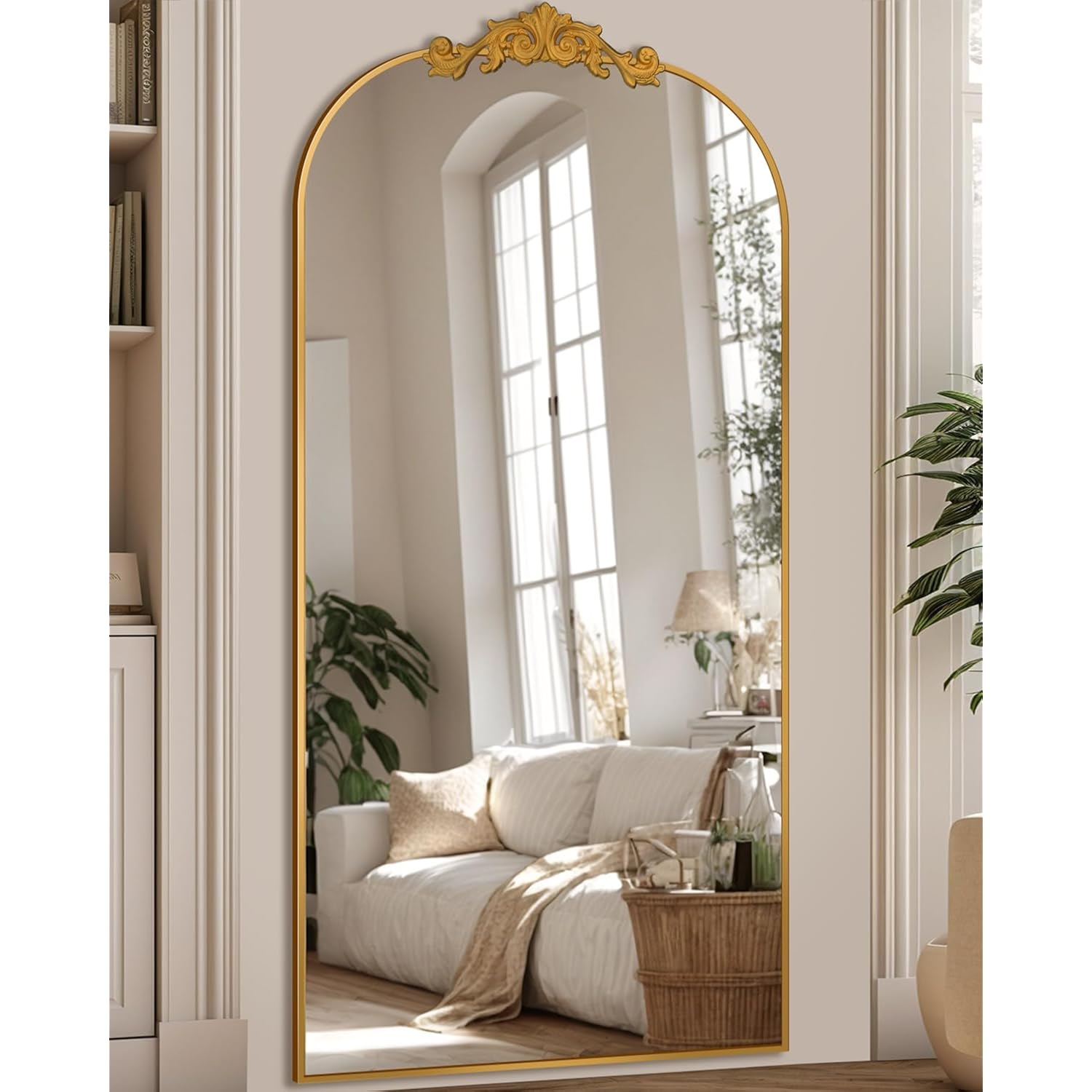 Antok Arched Full Length Mirror, 71"X28" Floor Mirror With Carved, Full Body Mirrors For Homedecor, Standing/Halling Large Wall Mirror For Bedroom, Living Room, Cloakroom, Gold, Retro Style