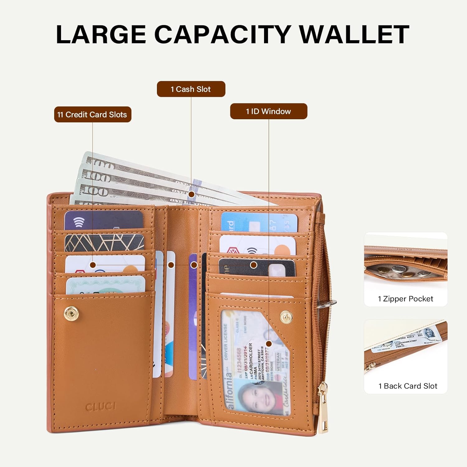 CLUCI RFID Wallet Women PU Leather Small Women Wallet Blocking Bifold Ladies Wallet Credit Card Holder Beige with Brown