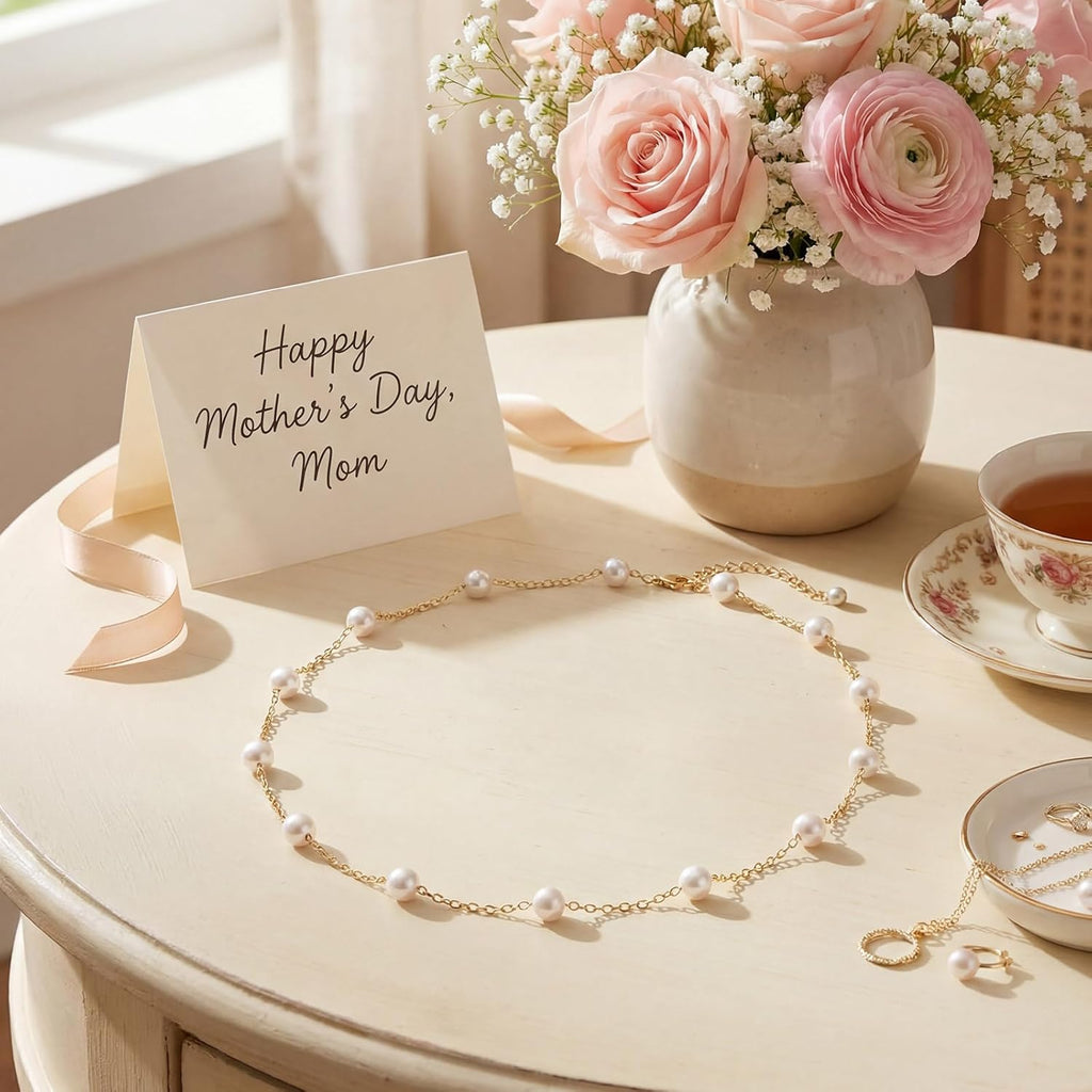 Yinkin 12 Sets Mother's Day Church Gifts Mother's Day Necklaces Gifts Bulk Gold Pearl Choker with Jewelry Pouch Adjustable Necklaces for Thank You Mom Church Gift