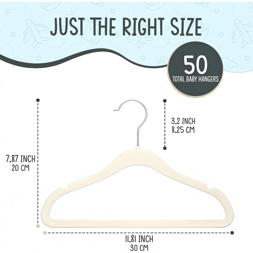 50 Premium Baby Velvet Hangers - 11.8" Non-Slip, Ultra-Slim Space-Saving Children Closet Hangers - 360° Swivel Hook, Strong & Durable Infant & Toddler Clothes Hangers For Wardrobe - Ivory