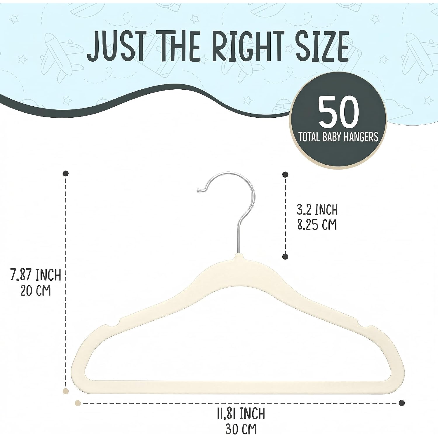 50 Premium Baby Velvet Hangers - 11.8" Non-Slip, Ultra-Slim Space-Saving Children Closet Hangers - 360° Swivel Hook, Strong & Durable Infant & Toddler Clothes Hangers For Wardrobe - Ivory