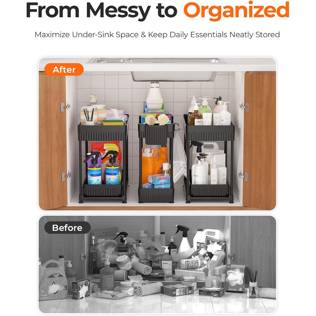 3-Pack 2-Tier Under Sink Organizers With Sliding Drawers | Multi-Use Kitchen & Bathroom Storage, 12.8 Inch Black Cabinet Organizer, Space-Saving Sliding Drawer Design.