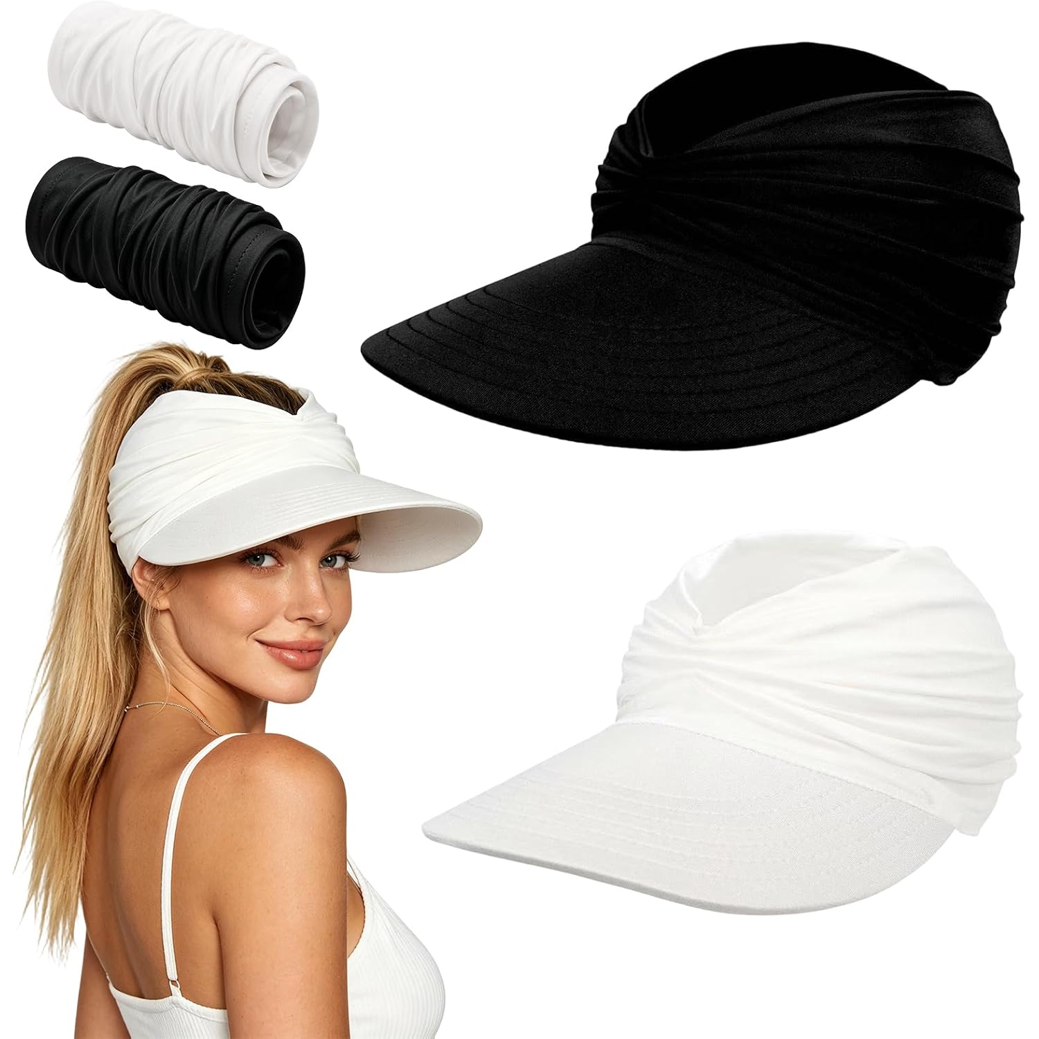 2 Pack Sun Visor Hats For Women, Wide Brim Visor Hat Upf 50+ Uv Protection Lightweight Foldable Elastic Ponytail Cap For Summer Beach, Golf, Sports (Black + White)