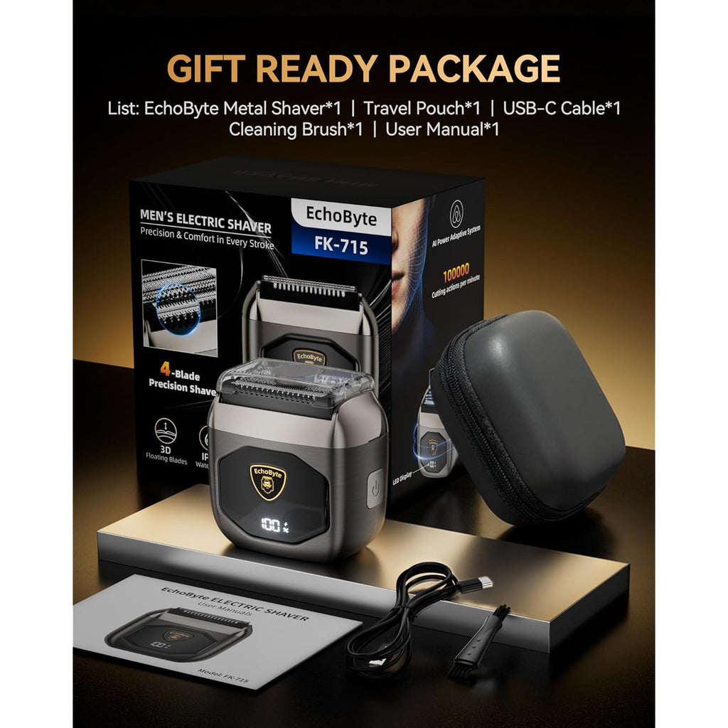 Full Metal Electric Foil Shaver for Men: 4 Floating Blades, IPX7 Waterproof Wet & Dry Mini Razor, 120-Min Runtime USB-C Rechargeable, Quiet Travel Groomer with LED Display & Travel Lock
