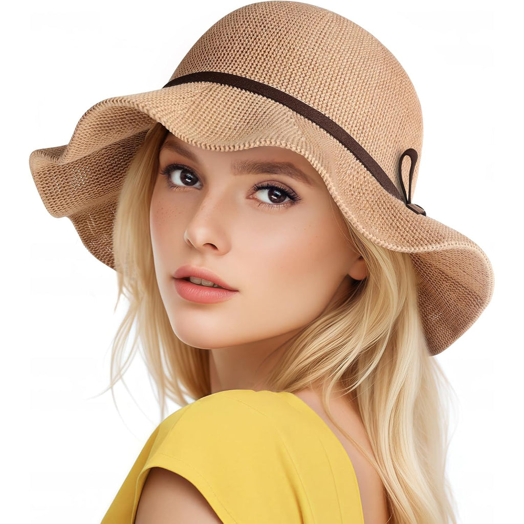 Sun Beach Hats for Women, Summer UPF 50+ UV Sun Protection Wide Brim Woven Hat Foldable Packable Knitted Cap