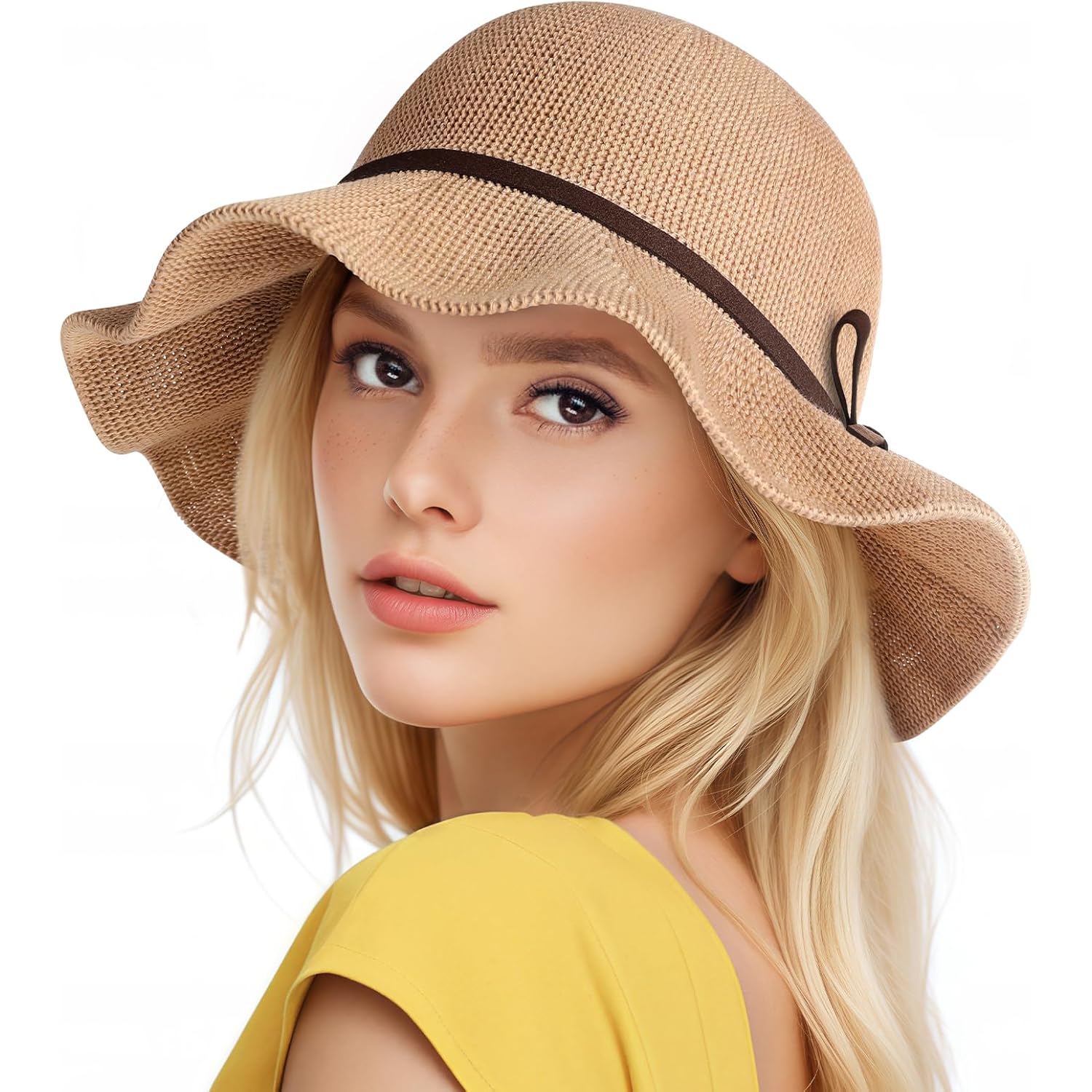 Sun Beach Hats for Women, Summer UPF 50+ UV Sun Protection Wide Brim Woven Hat Foldable Packable Knitted Cap
