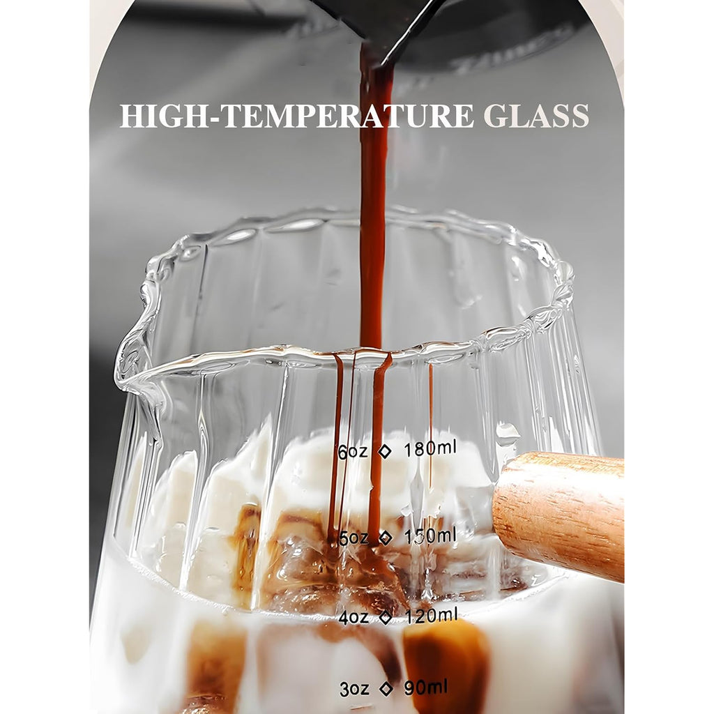 Tiwpajs Espresso Cups 6Oz, Espresso Accessories, Expresso Shots Cup, Espresso Shot Glass With V-Shaped Mouth, Ribbed Milk Frothing Pitcher, Glass Measuring Cup