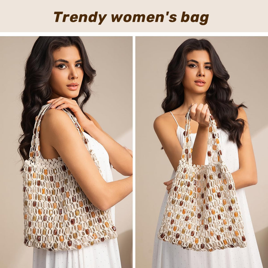 Boho Crochet Shoulder Bag For Women, Colorful Beaded Beach Tote Handbag Lightweight Summer Knit Hobo Purse &Travel Organizer